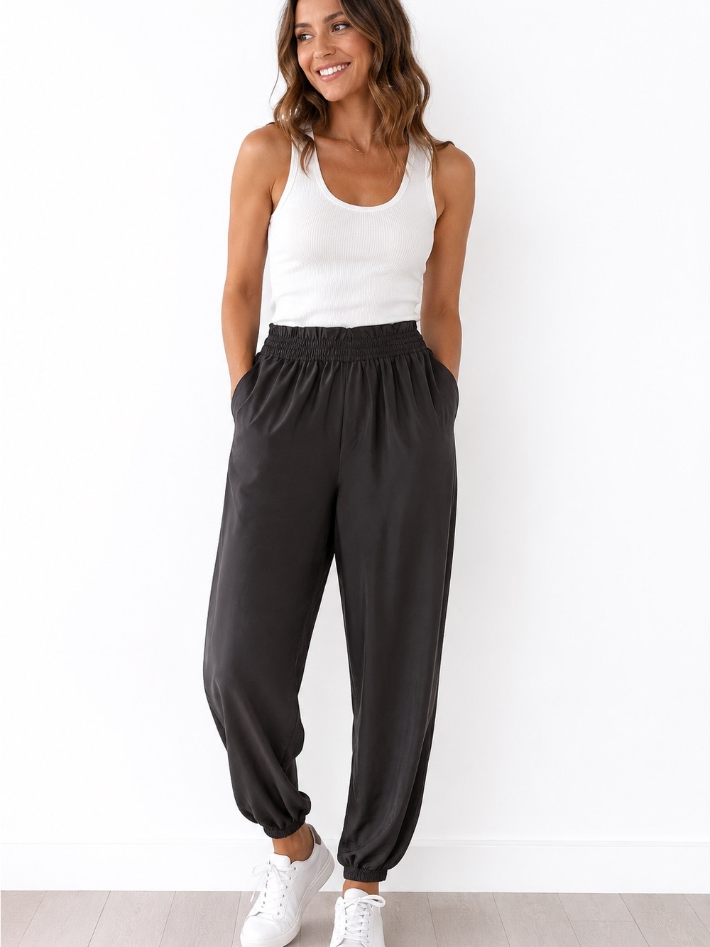 Gianni Bini Black Smocked-Waist Jogger Pants
